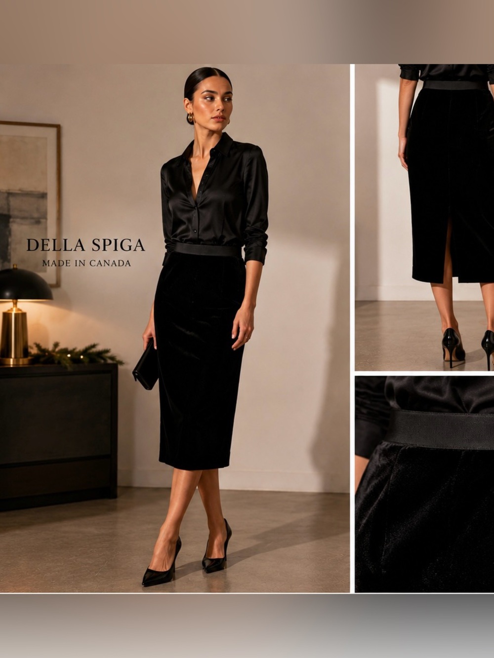 Vintage Della Spiga Black Velvet Pencil Skirt Made in Canada Minimalist Luxury